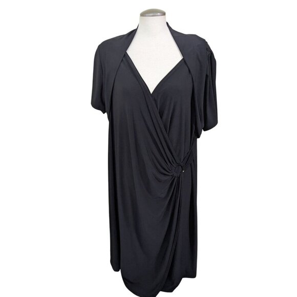 Vintage Womens Plus Size 22 Faux Wrap Dress Solid All Black Short Sleeve Ruched - Picture 1 of 7